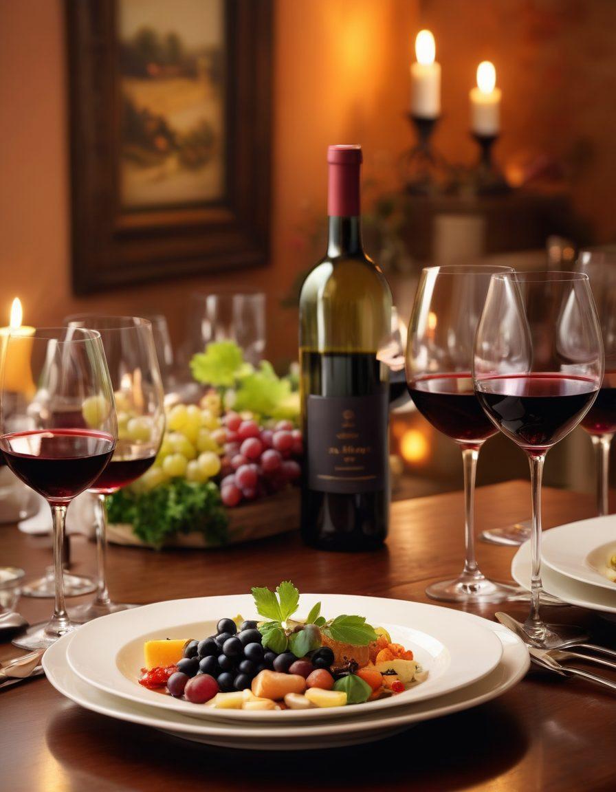 A beautifully arranged dining table featuring an array of gourmet dishes paired with an assortment of exquisite wines. Elegant wine glasses reflect soft candlelight, and fresh ingredients like herbs and grapes are artfully scattered around. The background hints at a cozy restaurant ambiance with warm tones, enticing the viewer. The scene conveys a sense of sophistication and indulgence, inviting exploration of the art of wine pairing. super-realistic. warm colors. elegant ambiance.