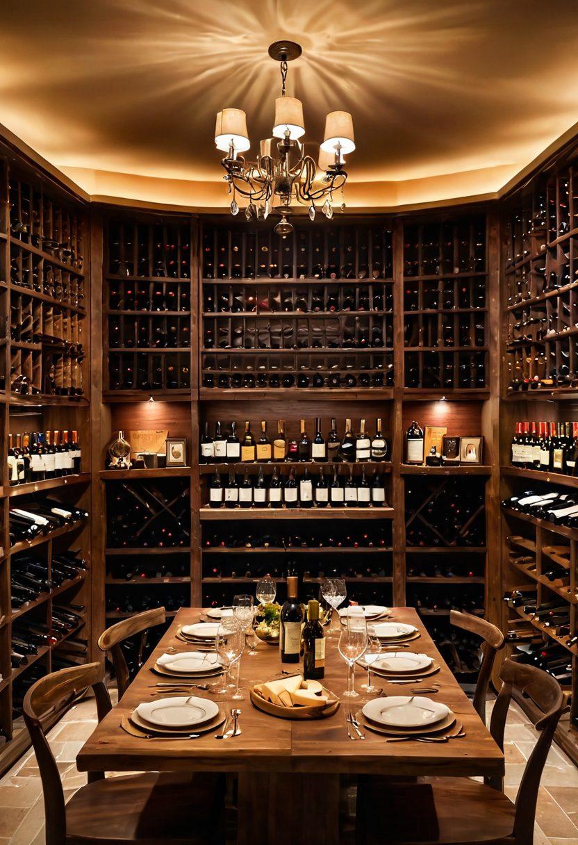 A beautifully designed wine cellar with rows of elegant wooden wine racks filled with diverse wine bottles, a tasting table in the center adorned with wine glasses and a cheese platter, soft ambient lighting creating a warm atmosphere, and decorative wall art showcasing wine regions. super-realistic. warm colors. cozy ambiance.