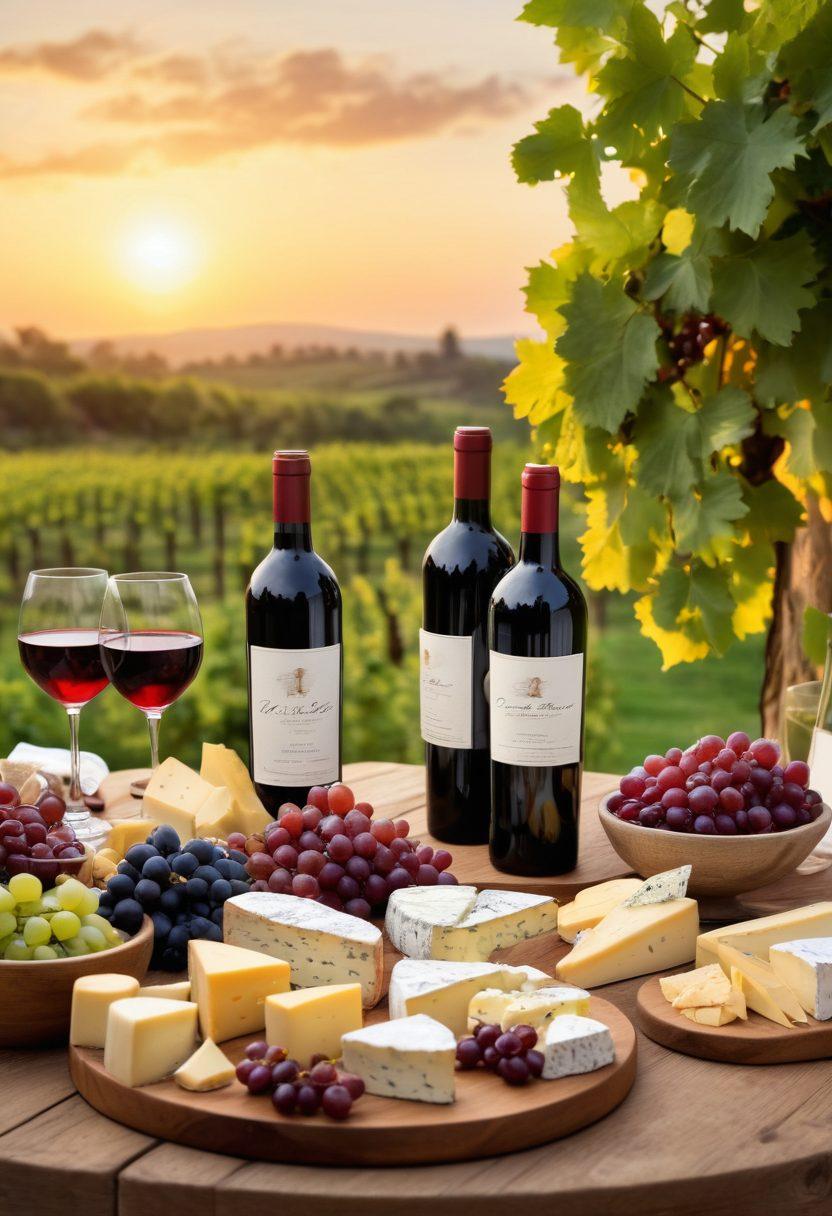 A beautifully arranged table showcasing a variety of wine bottles and glasses, surrounded by grapes, cheese, and wine-related accessories. Highlight diverse wine varietals, including a bold red, a crisp white, and a sparkling option, each featuring elegant labels. Set against a warm, inviting vineyard backdrop at sunset, to evoke a sense of exploration and indulgence. Include subtle elements like a corkscrew and wine tasting notes in the scene. super-realistic. vibrant colors. warm lighting.